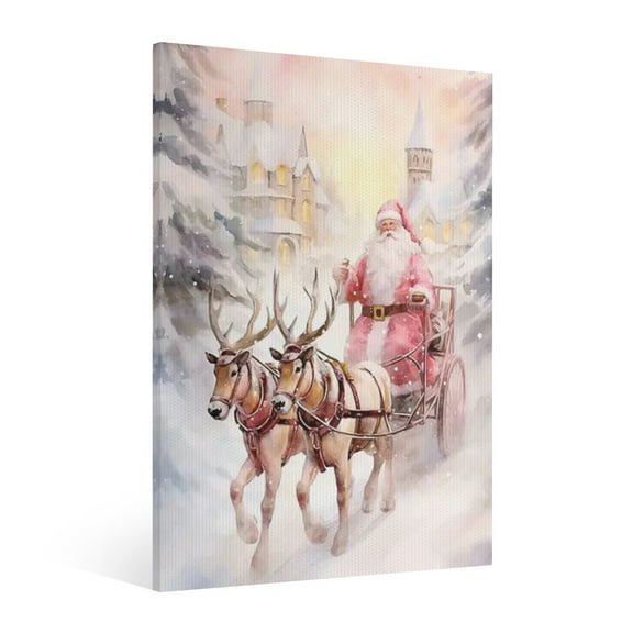 Vintage Christmas Pink Santa Claus and Elk Wall Art Paint Framed - Retro Xmas Festive Winter Holiday Christmas Wall Decor Canvas Print for Living Room Kitchen Bathroom Home Bedroom Decor