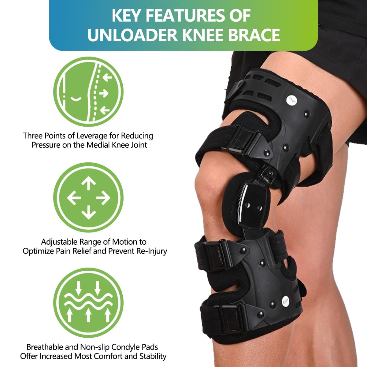 Insunen OA Unloader Knee Brace, Osteoarthritis of the bone on bone Knee Support, Rheumatoid Arthritis, Knee Joint Pain and Degeneration (Black, Right)