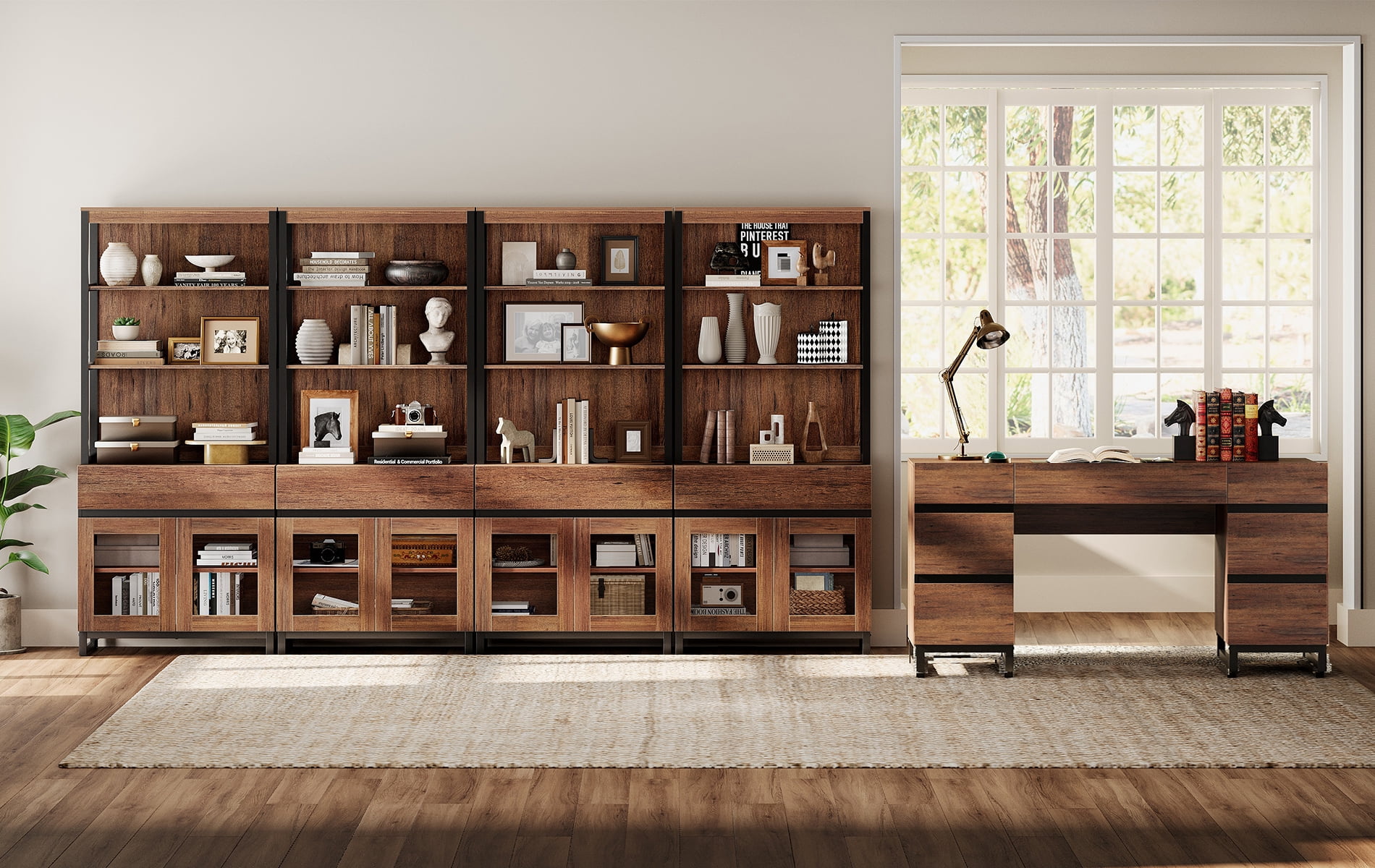 WAMPAT Office Furniture Set: 59in Modern Executive Desk with Charging Station & Drawers and four 72in Tall Bookcases with Storage Cabinet, Home Office Furniture for Living Room, Brown