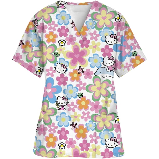 Camiseta con estampado de Hello Kitty para mujer, uniforme de enfermera, cuello en V, clínica, Hospital, Spa