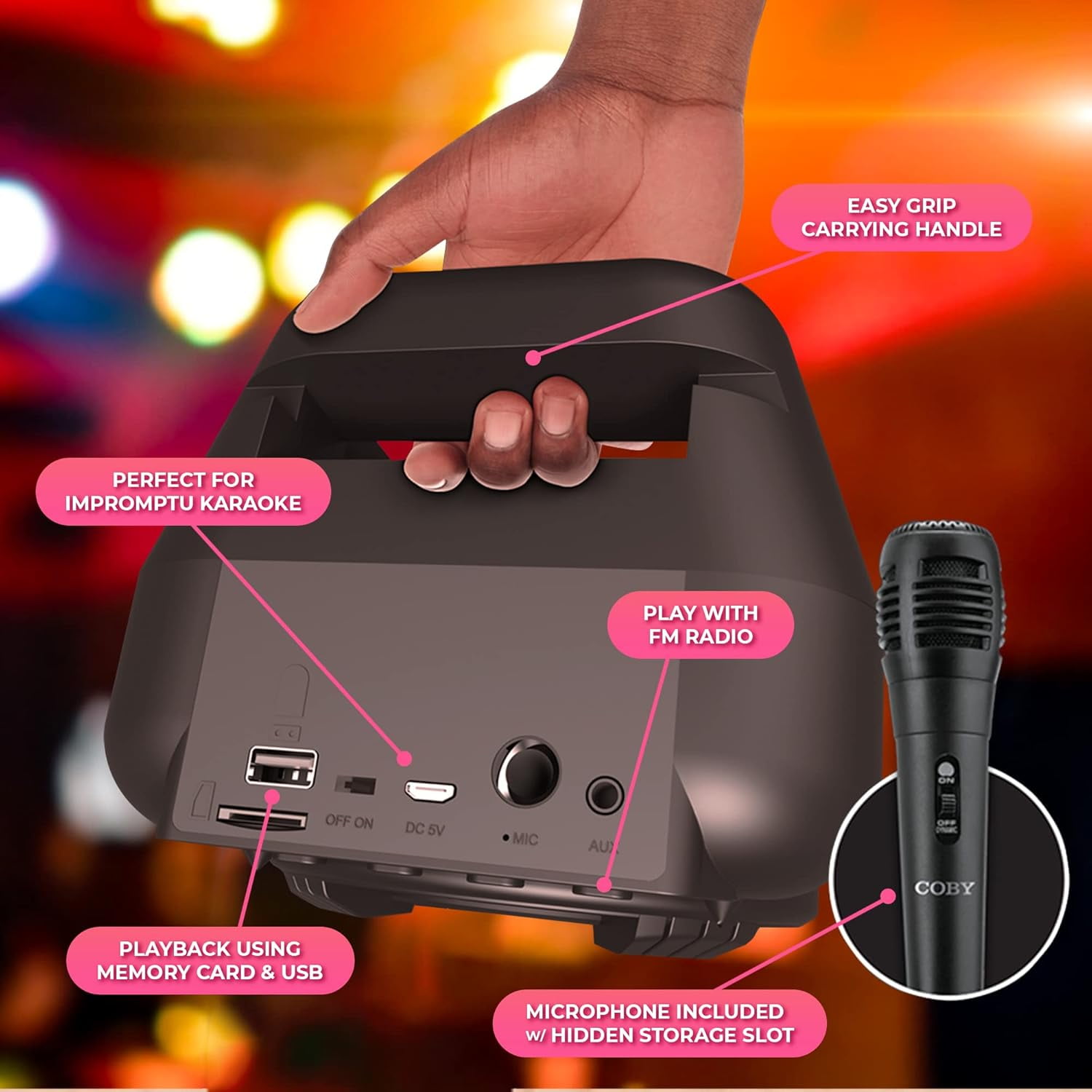 COBY True Wireless Bluetooth Speaker with Karaoke Microphone and LED Lights