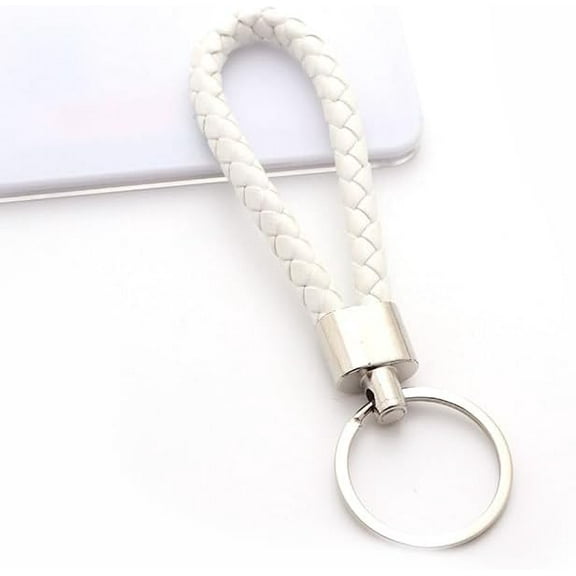4Pcs Handwoven Imitation Leather Keychain with Metal Car Key Ring Chain Accessories Gift for Men and Women White 4.8x1.18 Inch