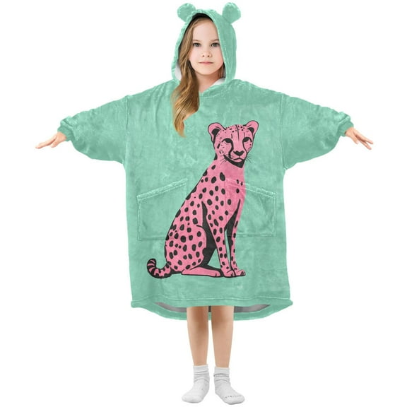 FORMRS Wearable Blanket Hoodie with Sleeves for Kids Cozy Flannel Sweatshirt, Pink Cheetah