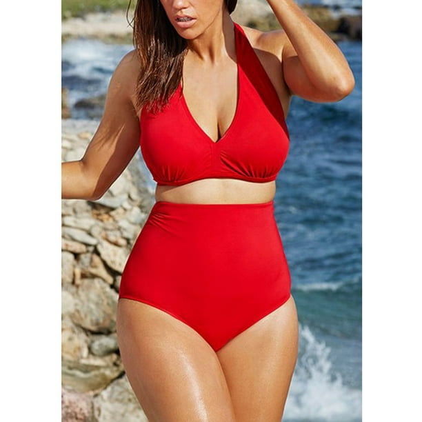 Cheap Women's Swimsuit Plus Size Sexy Blue Print Tank Top High Waist Bikini  Beachwear Bathing Suits