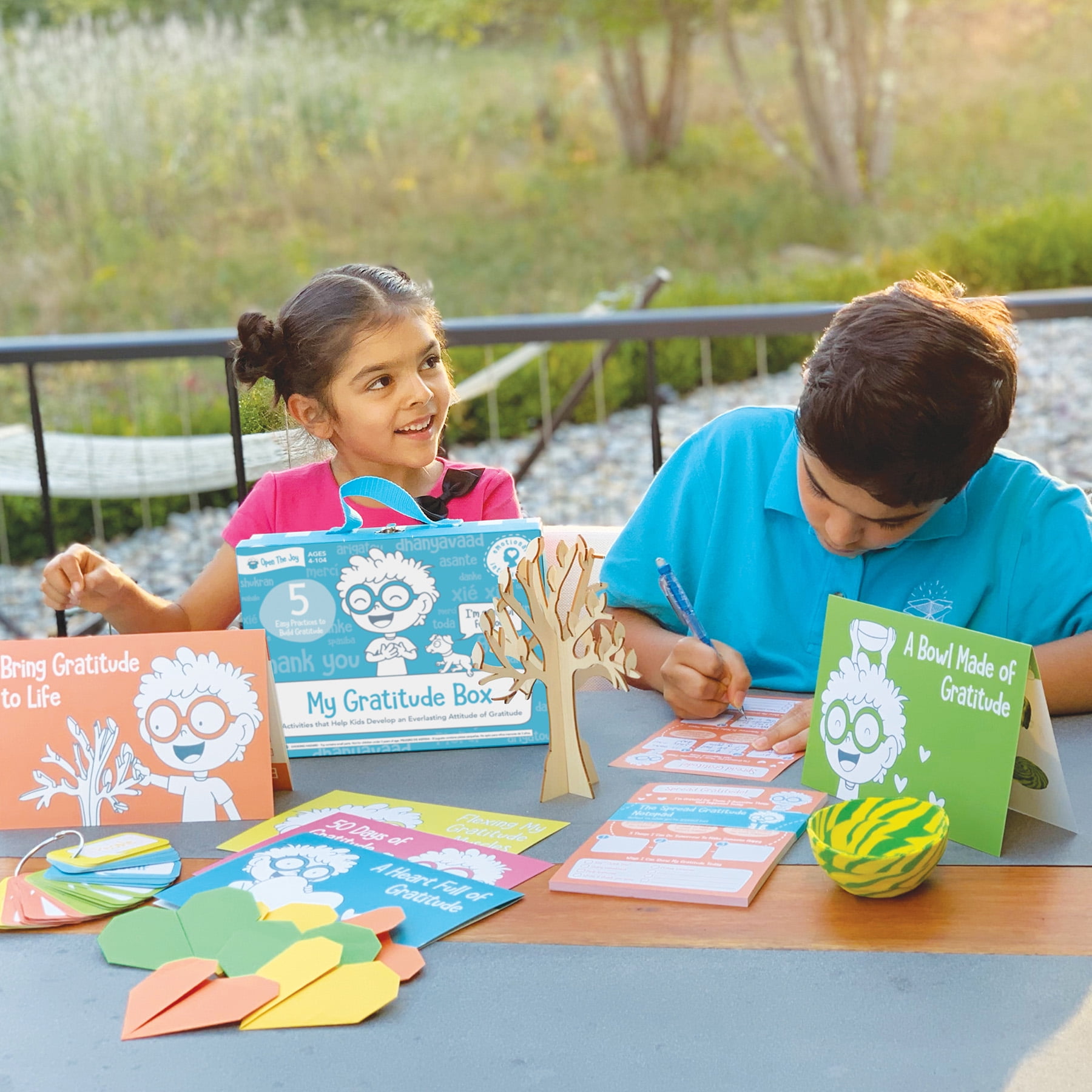 Open The Joy My Gratitude Box, Activity Box Includes A Wooden Building Project, Clay Bowl Project, Origami Projects, Notepad for Journaling, and Gratitude Cards - Ages 4+