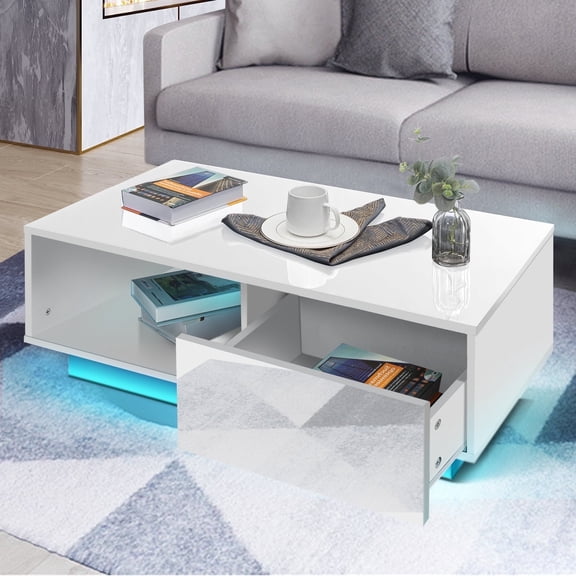 Hommpa LED Coffee Tables High Gloss White Coffee Table with 2 Drawers LED Sofa Side End Tea Table Modern Cocktail Tables with Storage