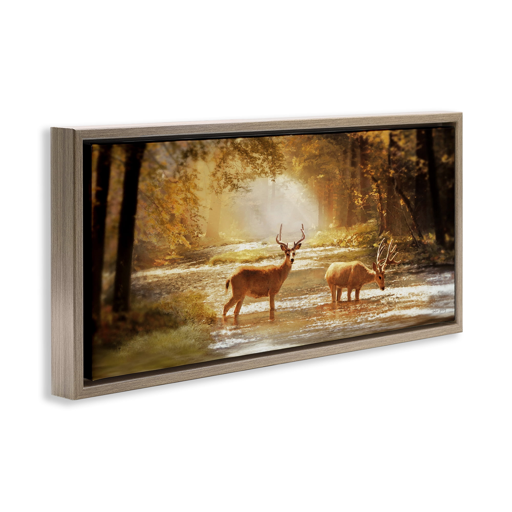 Stupell Industries Deer in Sunlit Grove Landscape Painting Brown Floater Framed Art Print Wall Art, 25 x 11