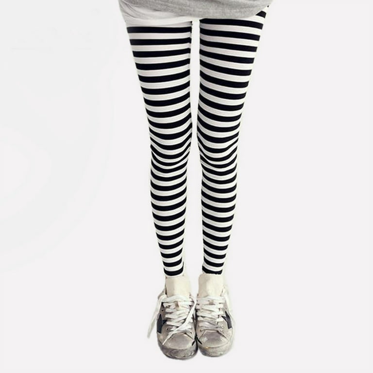 Women Ankle Length Skinny Leggings Black White Horizontal Striped Pants  Tights