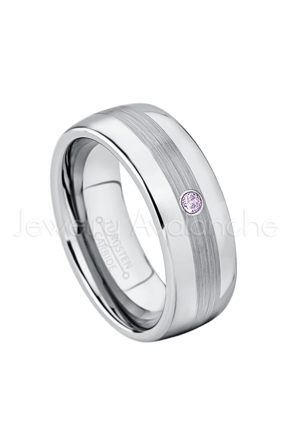 Personalized Tungsten Wedding Band - 0.07ct Solitaire Amethyst Ring - 8mm Mens Dome Tungsten Ring - Custom Made February Birthstone Ring TN022BS