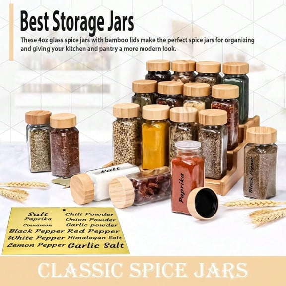Glass Spice Jars With Bamboo Airtight Lids - (2 Pack) - 4 Oz Square Spice Bottles With Shaker Lids