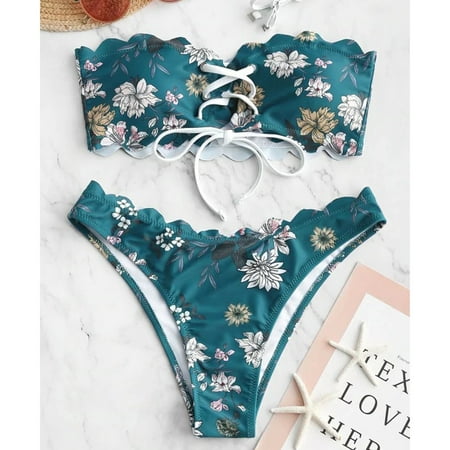 Rigardu Hot Sale!! High Waisted Bikini for Women Tummy Control Bottoms Push Up Crop Top Swimsuit 2 Piece Strapless Bathing Suits Laceup Bandeau Floral Scalloped Bikini Set Blue M