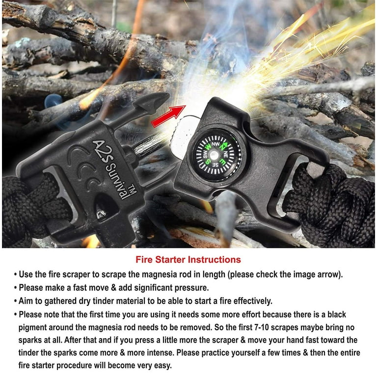 SDS Survival Paracord Bracelet - Black Emergency Whistle Hiking Compass  Camping Fire Starter Kit Tactical Bracelet