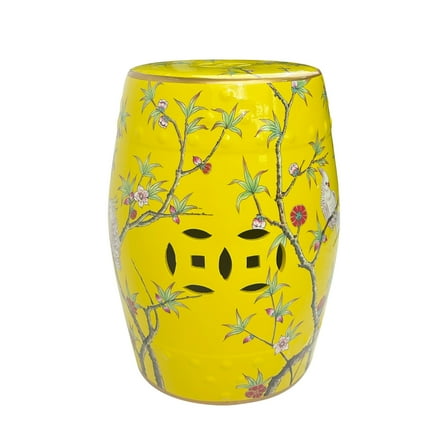 Yellow Ceramic Drum Stool with Floral and Bird Patterns