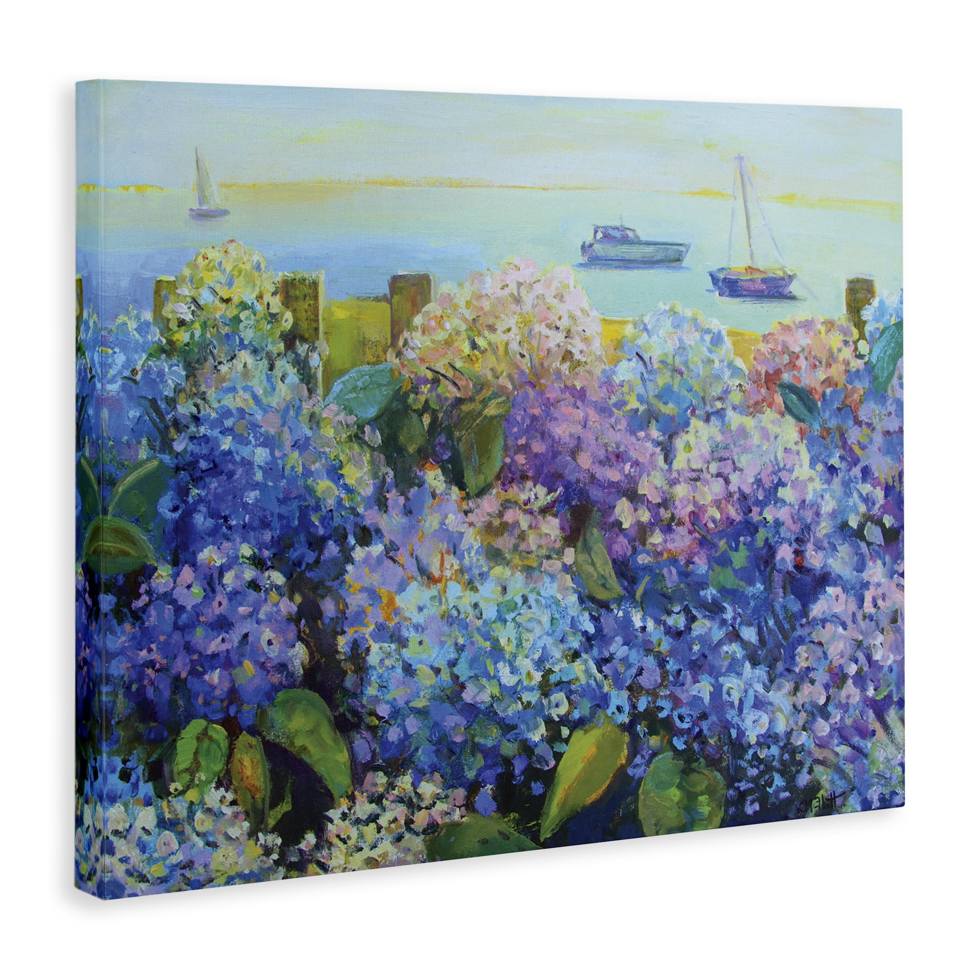 Stupell Industries Hydrangea By The Sea Landscape Painting Gallery Wrapped Canvas Art Print Wall Art, 30 x 24