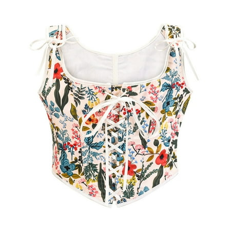 Women s Bustiers & Corsets Light Blue Corset Tops for Women Plus Size Tops for Women Women Casual Sexy Eyelet Lace-up Floral Print Fishbone Court Vintage Corset Straps Tank Top