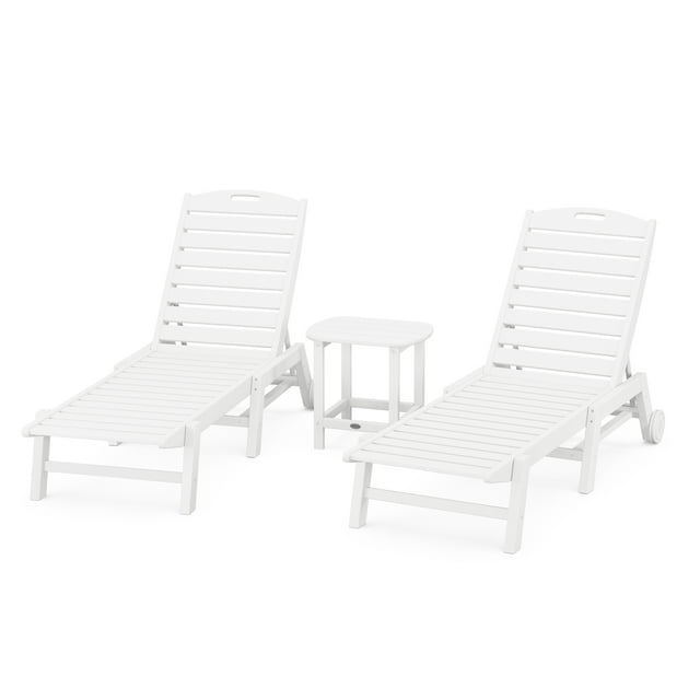 POLYWOOD Nautical 3-Piece Chaise Lounge with Wheels Set with South Beach 18" Side Table in White