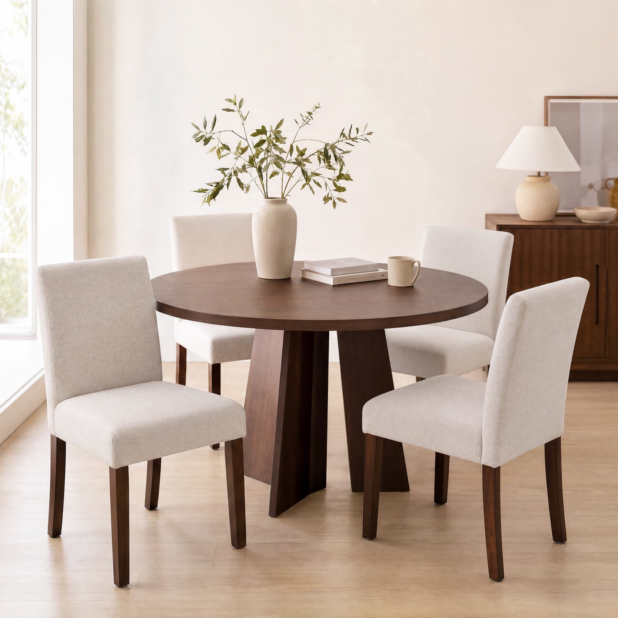 Upholstered Fabric Dining Chairs Set of 2 with Wood Legs, Modern Parsons Chairs with High Back for Kitchen, Dining Room, or Restaurant, Beige