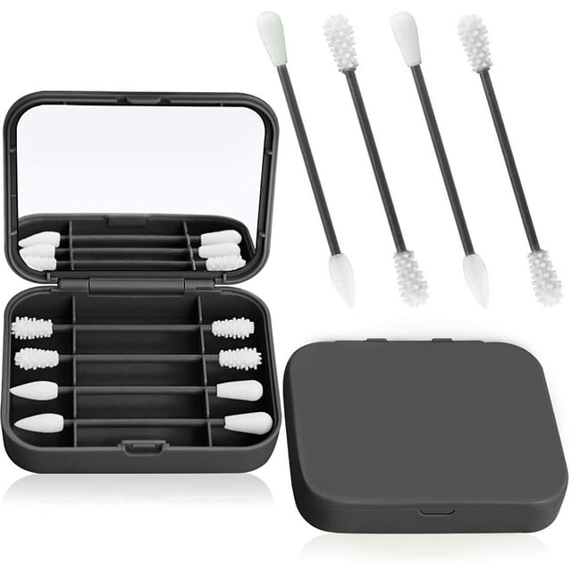 Hisopos de algodón de silicona reutilizables de 4 unidades, último hisopo portátil para limpieza de oídos, maquillaje para mujeres, juego de hisopos de algodón 2 en 1 con estuche y espejos cosméticos MFZFUKR WRMH-1329-2