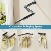 JAUREE Clothes Drying Rack Wall Mounted, Laundry Drying Stand Collapsible, Tri-Fold Retractable Rack Space Saving Outdoor Indoor with 18 Hooks, Black