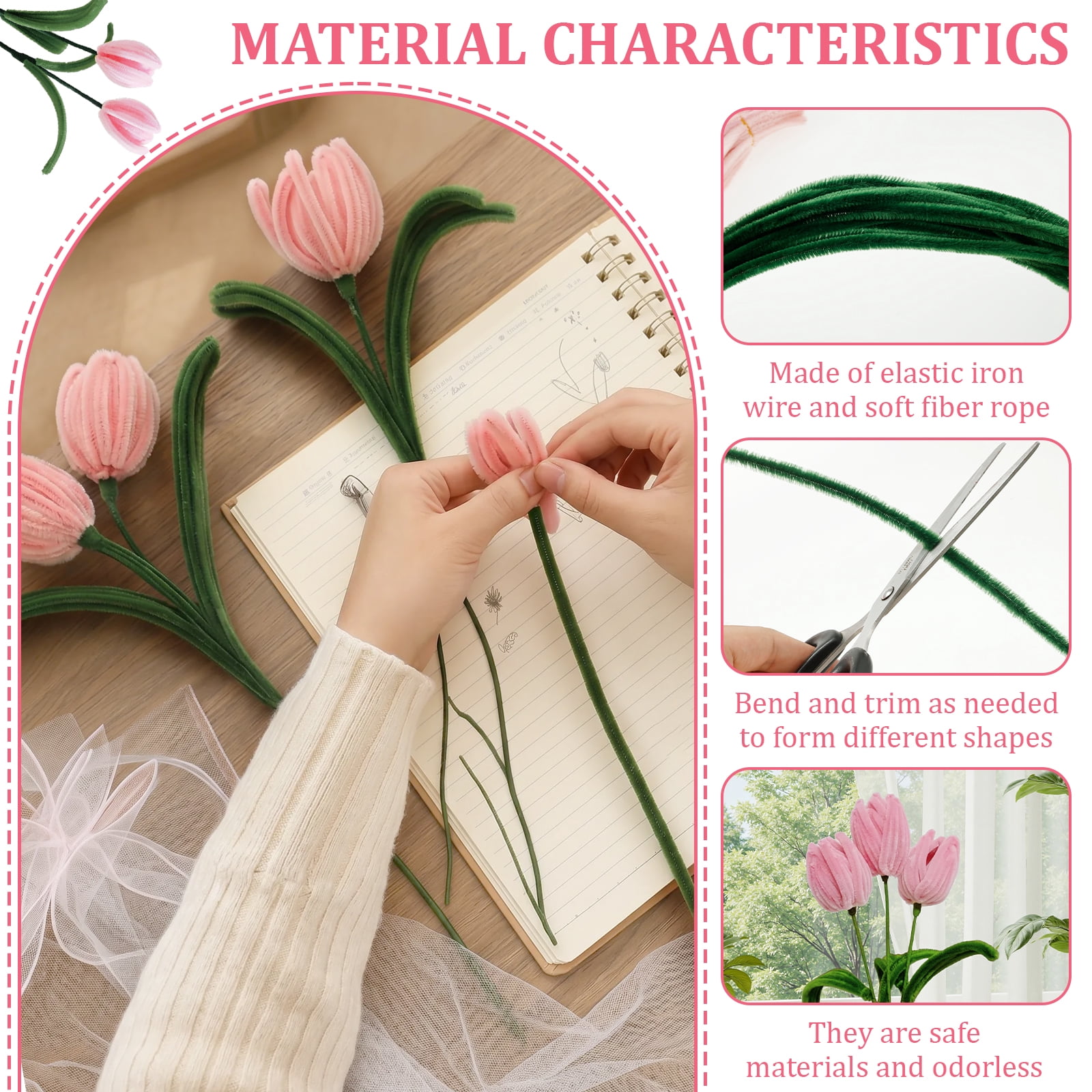 800Pcs Pipe Cleaners, 13 Color Chenille Stem with 50 Stem Glue Stick Floral Tape Stamen Bead Ribbon Wrapping Paper and Tutorial Handmade Bouquet Making Supplies for Beginner