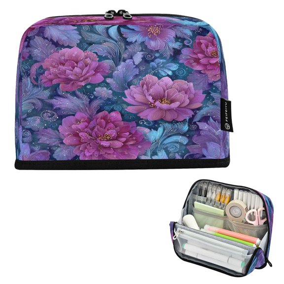 Pencil Bag with Magnetic Foldable Base Large Capacity Stand-Up Pencil Case Durable Nylon Pen Pouch Exquisite Floral Illustration