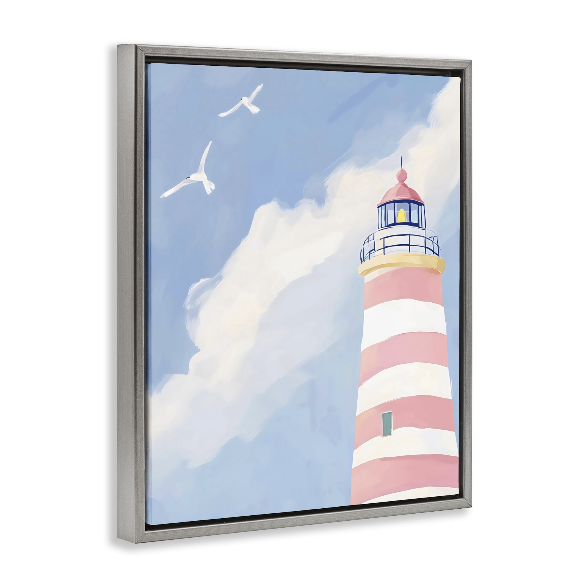 Stupell Industries Striped Lighthouse with Seagulls Gray Framed Floater Canvas Wall Art, design by The Prints Vibe
