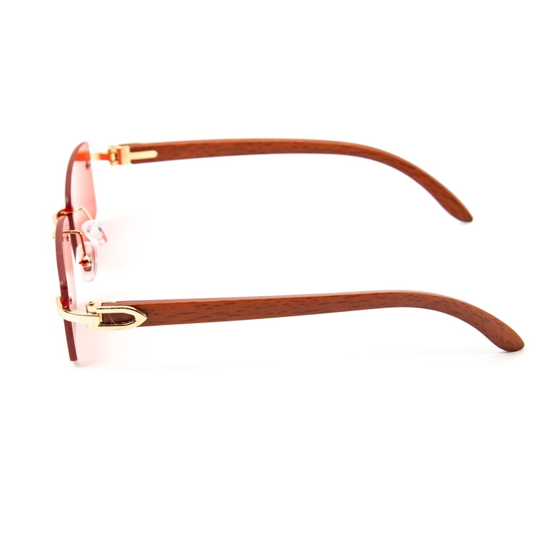 Rimless Gold Frame Vintage Designer Buffs Woodgrain Arm Red  display picture 3