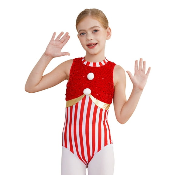 TSSOE Kids Girls Christmas Candy Cane Sequins Striped Gymnastics Leotard Ballet Dance One Piece Bodysuit Red 12