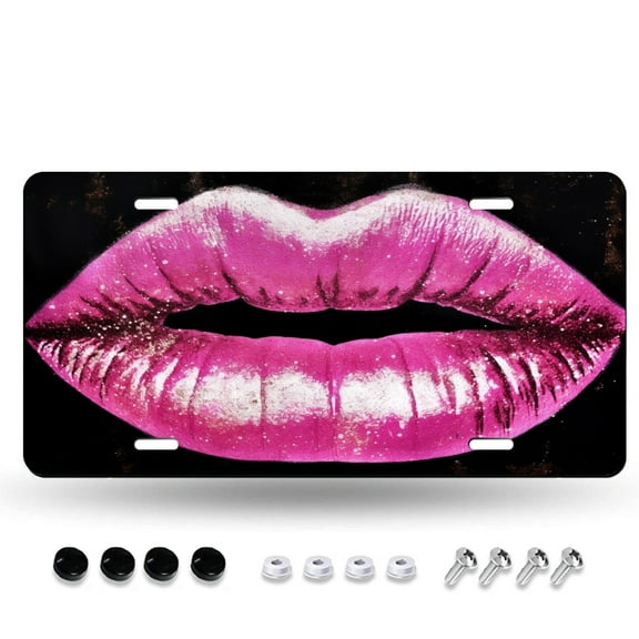 Pink Lips with Glitter on Black Background License Plate Frame, Decorative Novelty License Plate Rust-Proof Stainless Steel, Unique Car Tags 12X6IN
