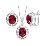 Gem Stone King 925 Sterling Silver Red Created Ruby Pendant and Earrings Jewelry Set For Women | 7.50 Cttw | Gemstone July Birthstone | Oval 10X8MM | With 18 inch Chain