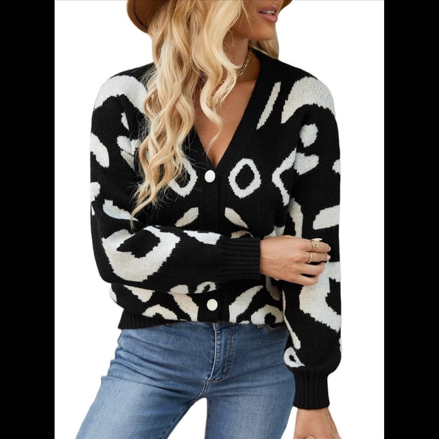 Cárdigan con Estampado de Leopardo para Mujer, Cuello en V, Larga, Bloque de Color, Suéter con Botones, Prenda Exterior Negro S
