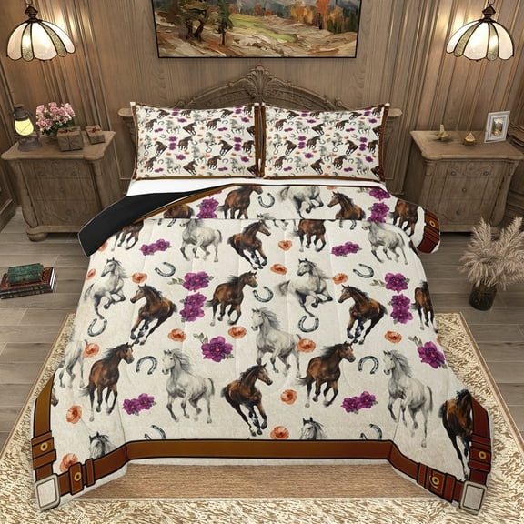 Homewish Western Horse Animal Bedding Comforter Set for Teen, Floral Flower Twin Comforter Sets, Vintage Rustic Farmhouse Reversible Bedding Set, Microfiber Bedroom Decor, 2pcs