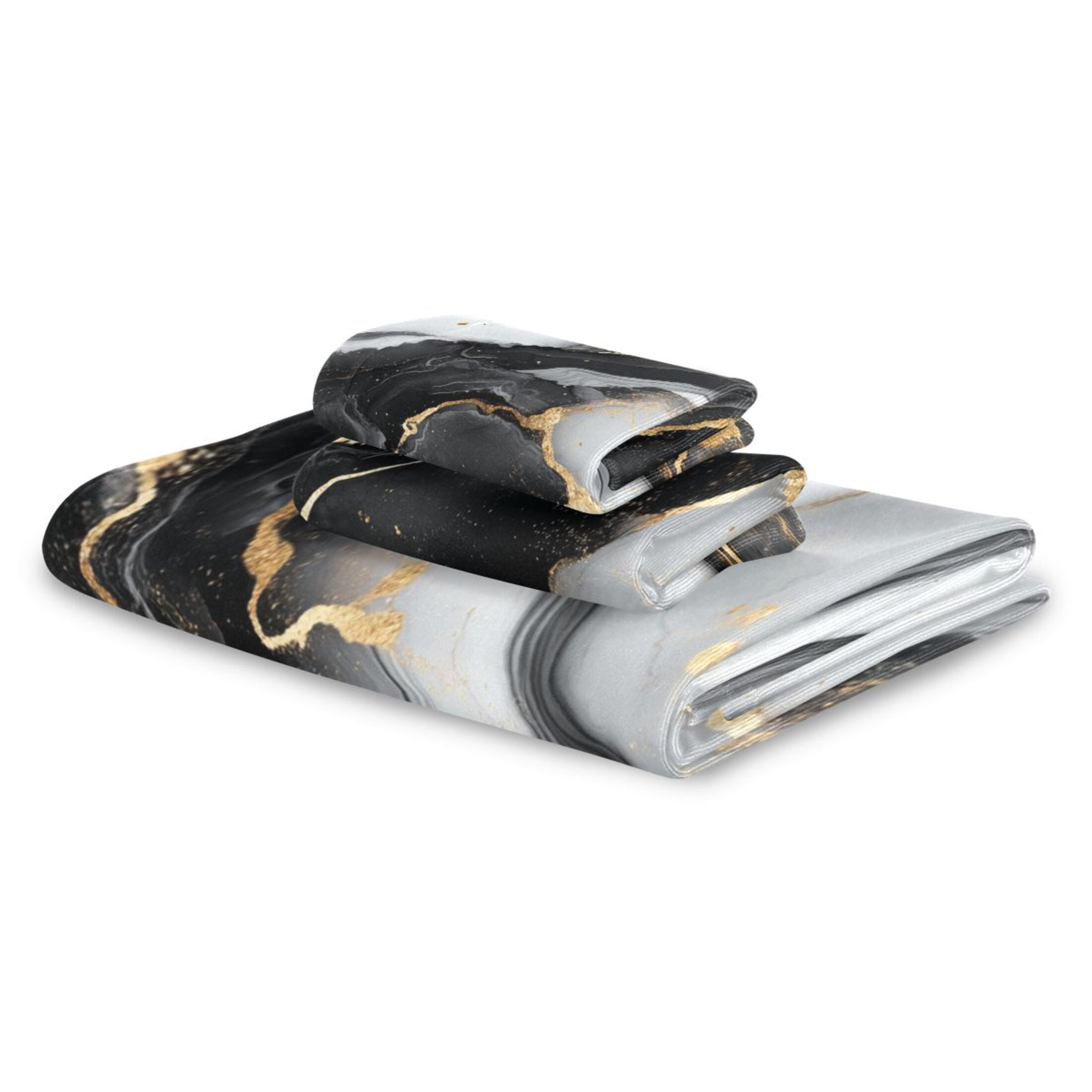WOBOGO Gilt Black Veined Marble Ultra Soft 3 Pack Cotton Towel Set Includes 60 x 30in Bath Towel 28 x 16in Face Towel and 13 x 13in Small Square Towel for Everyday Use Lightweight and Compact