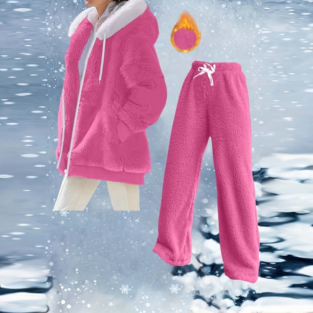 HongQid Womens 2 Piece Sweatsuit Set Sherpa Winter Coats Fleece Zip Up Jackets Warm Plush Hooded Plus Size Winter Coats Oversized Fuzzy Jackets with Pants
