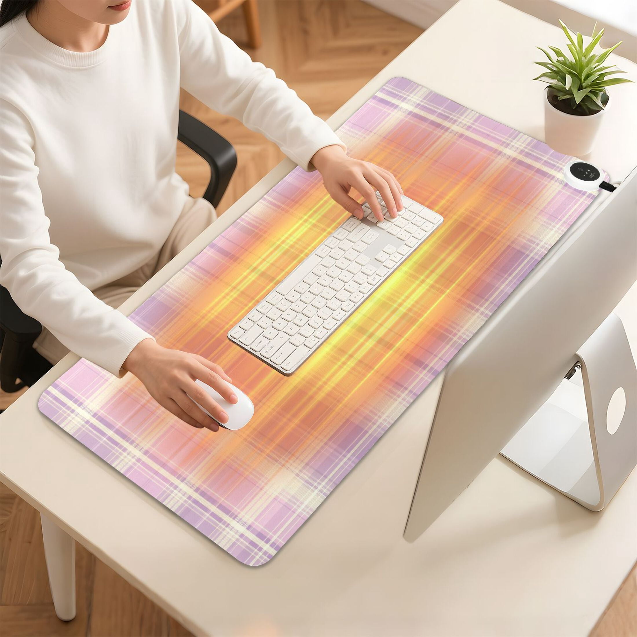 Large Heated Desk Mat Mouse Pad 31.5"x13"PU Leather Graphene Heating Desk Warmer with 3 Temperature Settings 110V US Plug Non-Slip Warm Pad for Home, Office, and Gaming Bright Pink Checkered Pattern