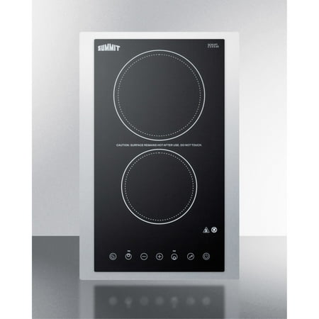 230V 2-burner cooktop in black ceramic Schott glass with digital touch controls and stainless steel frame to allow installation in 15  wide counter cutouts  3000W