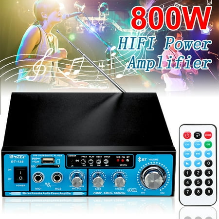 800w Power Amp 800W HIFI Digital Audio bluetooth 2-Channel Power Amplifier AMP FM Radio For Car Home ()