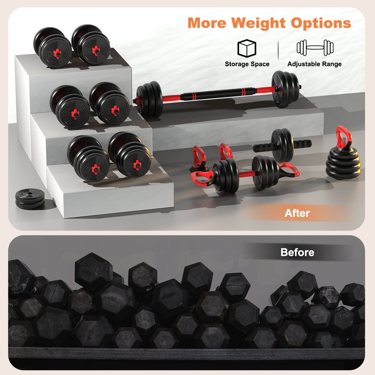 RELIFESPORTS 6-in-1 Adjustable Dumbbell Set | Squat Bar & Tire Flipper Included | Free Weights for Men & Women | Space-Saving Multifunctional Home Gym Equipment