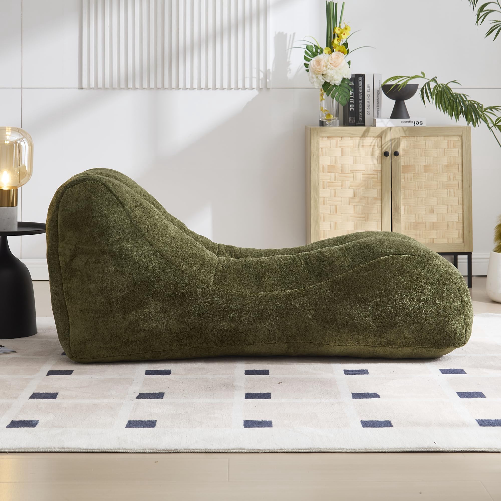 Aukfa Chaise Lounge, Bean Bag Sofa for Stretching, Relaxation, High Density Foam Recliner, Olive