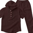 thumbnail image 5 of Sets for Men Clothing 2 Piece Solid Color Cotton-Linen Look Short Sleeve Hooded Shirt and Drawstring Waist Pocket Pants, Resort Style Outfit Coffee XXL, 5 of 5
