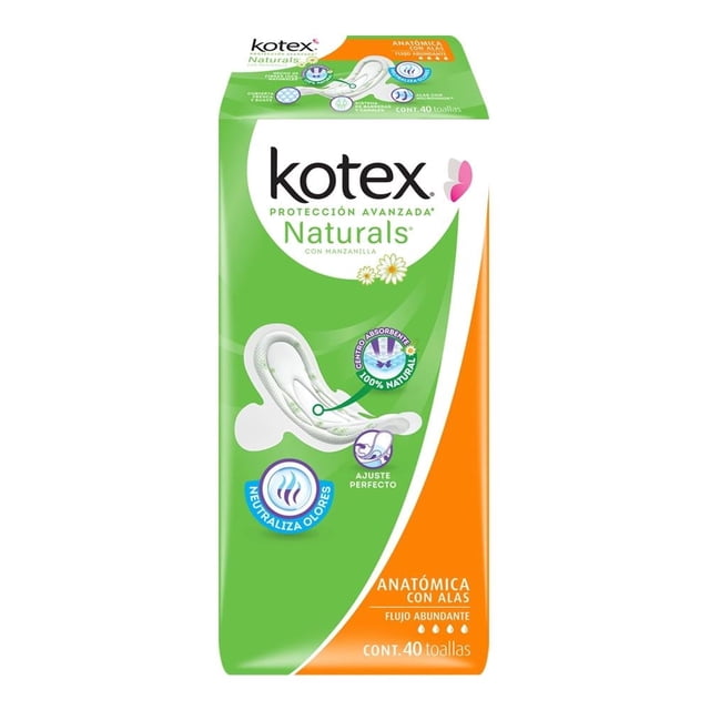 Toallas femeninas Kotex Naturals anatómica flujo abundante con alas 40 pzas