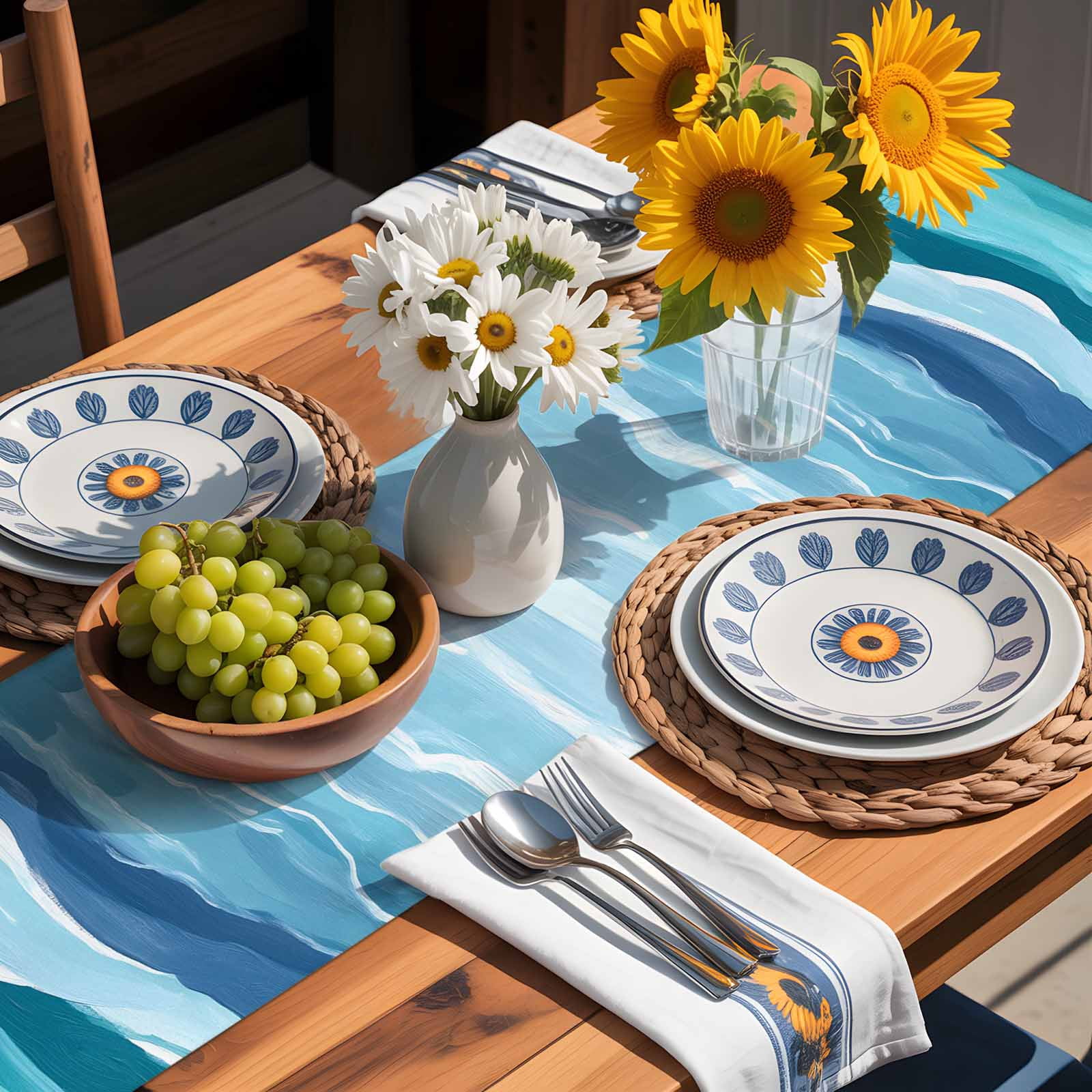 Summer Navy Blue Water Ripple Table Runner 90 Inches Long, Watercolor Gradient Ombre Table Runners Tabletop Scarf Kitchen Dining Tables Decoration for Home Party Indoor Outdoor