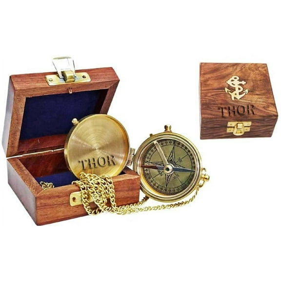 Thor Instruments Brass Nautical Hand Made Push Button Pocket Compass Directional Compass Fully Working W/Wooden Box
