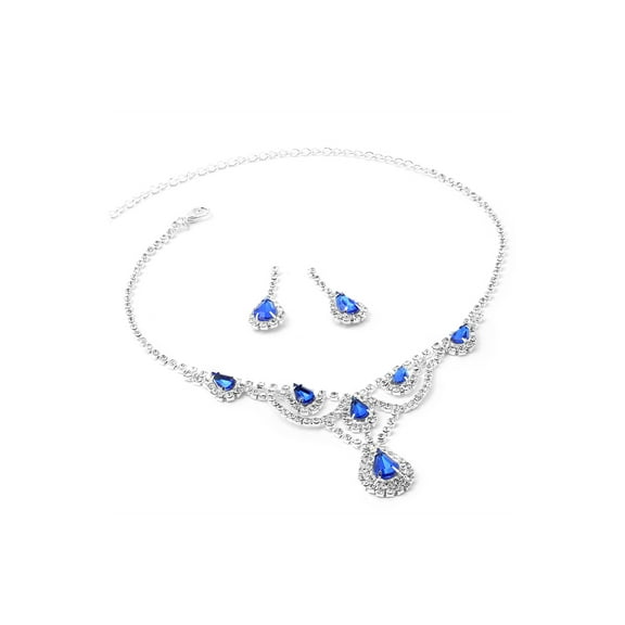 Silver Crystal Rhinestone with Large Sapphire Teardrop Centerpiece Necklace and Matching Dangle Earrings Jewelry Set