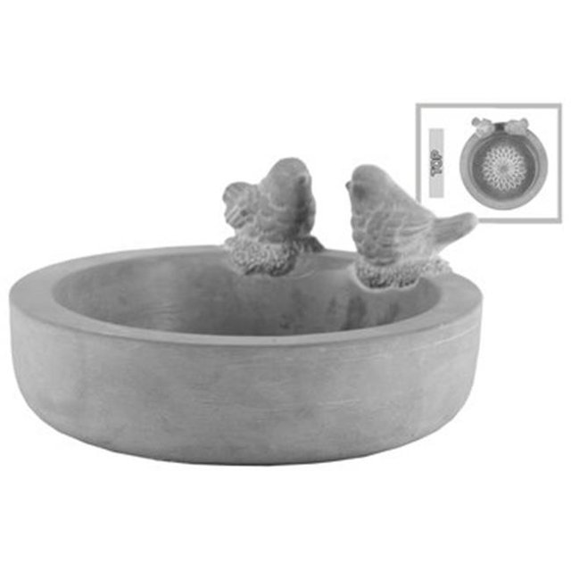 Urban Trends Collection Cement Round Bowl with Bird Figurine & Engraved Floral Design Surface, Washed Concrete Finish - Gray