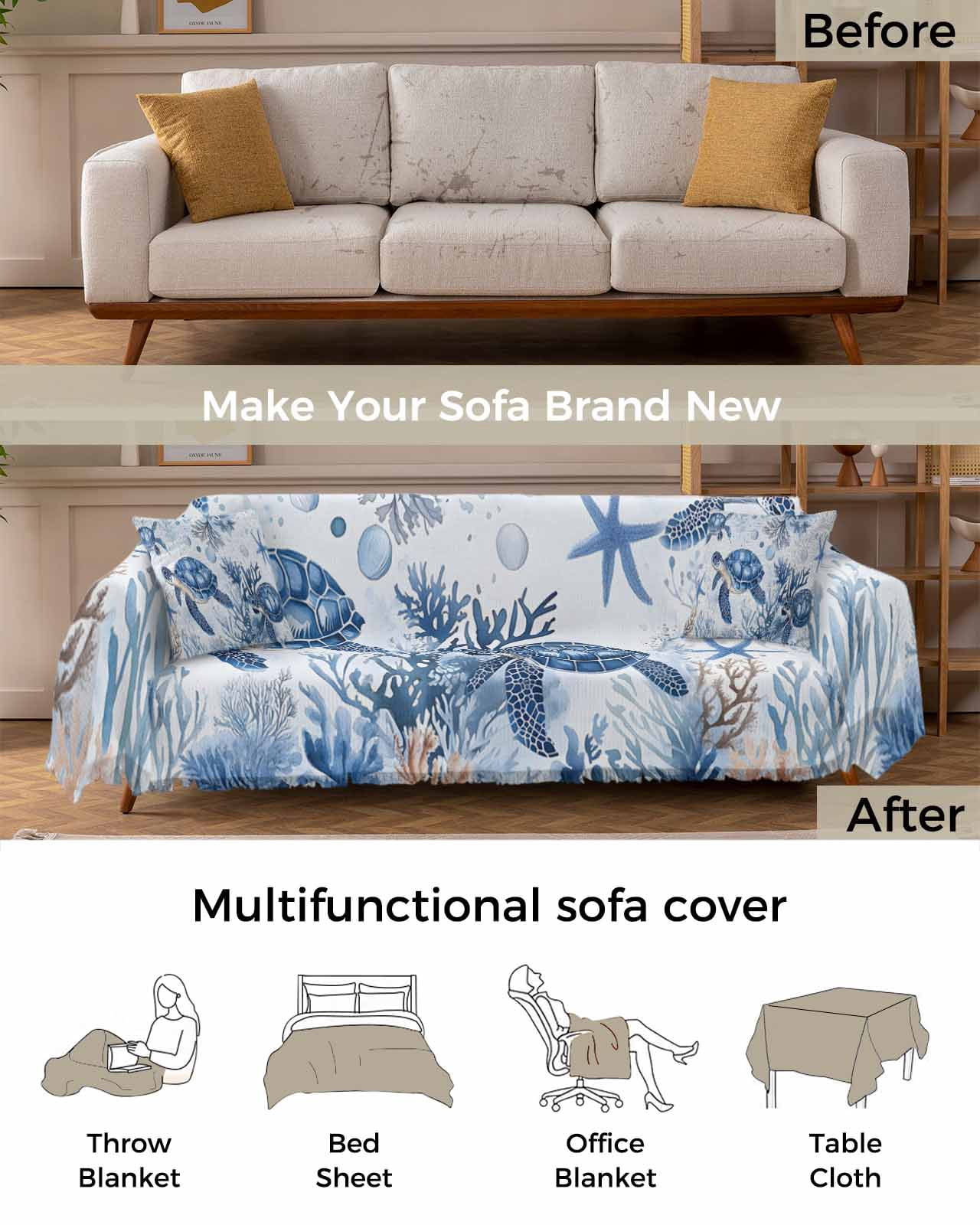 Summer Beach Coastal Sofa Covers for 2-3 Cushion Couch L-Shaped Sectional, Sea Turtle Coral Nautical Washable Sofa Covers Slipcover for Living Room Furniture, Couch Cover Blanket 71"x134"
