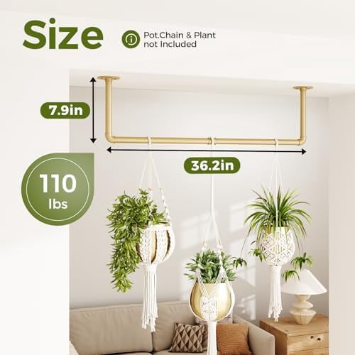 Hanging Planters for Indoor Plants Plant Hanger Indoor Hanging Plant Rod 36.2in Window Plant Shelves Metal Rod Pot/Chains Not Included (Gold)