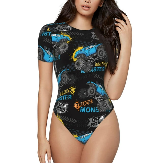 Bingfone Cool Off-Road Vehicle Pattern Women's Round Neck Bodysuit, Tight Snap Button Short Sleeve Bodysuit, Suitable for Party, Sports, Daily Wear-Small