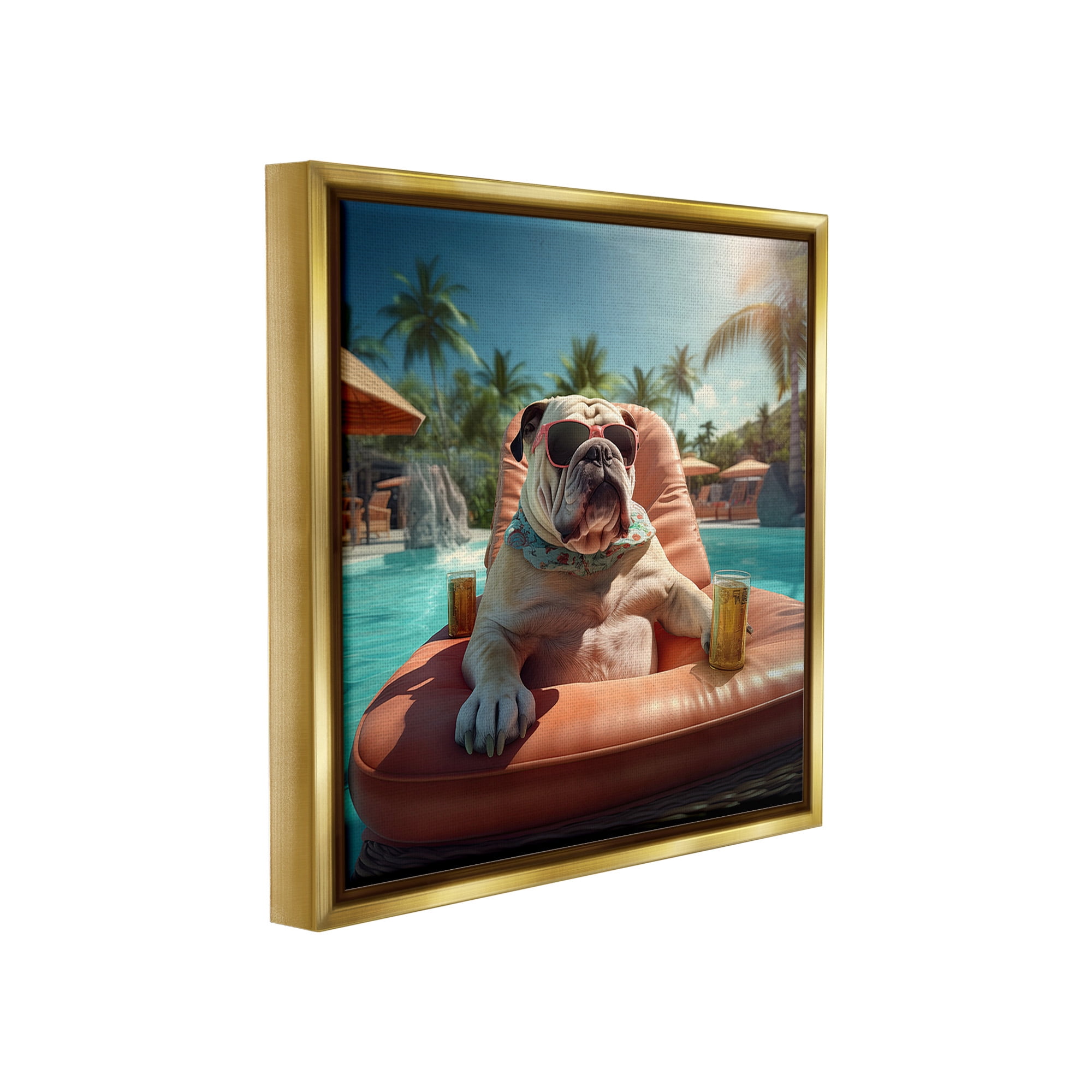 Stupell Industries Bulldog in Resort Pool Animals & Insects Painting Gold Floater Framed Canvas Art Print Wall Art, 18 x 18
