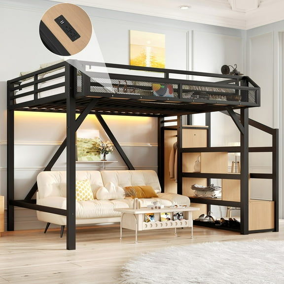 HICOMILA Full Size Loft Bed with Storage Shelves and Built-in Wardrobe, Heavy-Duty Metal Loft Bed with Under-Bed Space, USB Ports and LED Lights, Natural